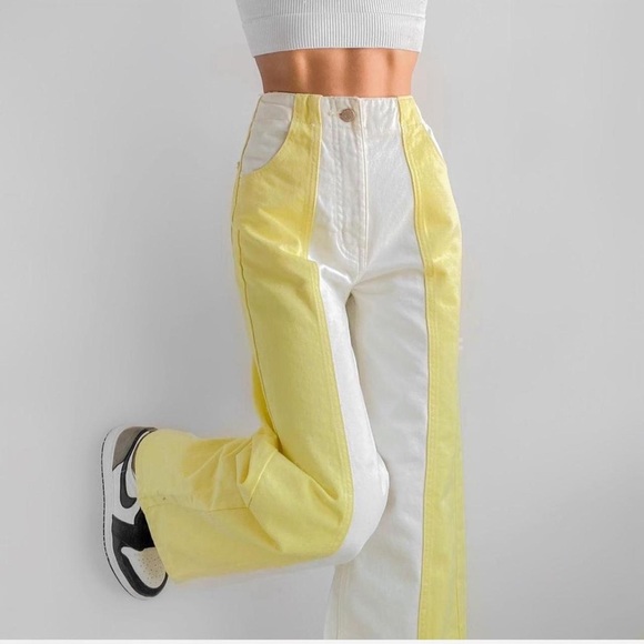 BDG Off-White color block yellow hi rise wide leg Textured Pants - Picture 1 of 8